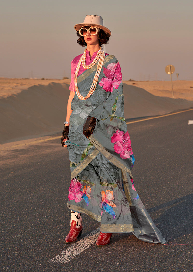 Monjolika Fashion Grey Color Printed Tussar Silk Designer Saree Online | Grocsy