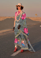 Monjolika Fashion Grey Color Printed Tussar Silk Designer Saree Online | Grocsy