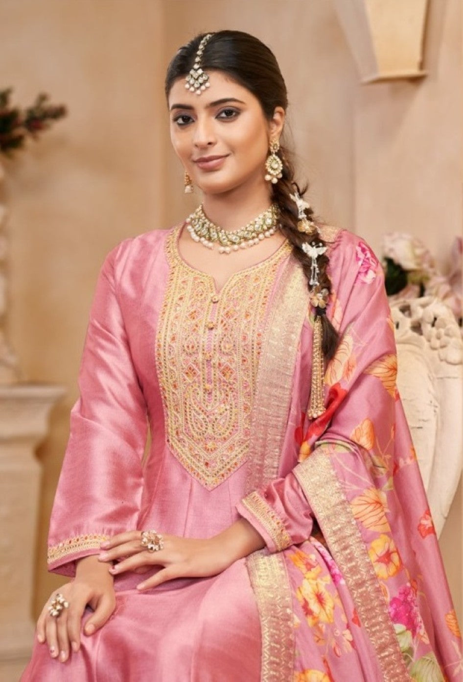 Anaita Light Pink Vichitra Silk Sequence Embroidered Salwar Suit | Grocsy