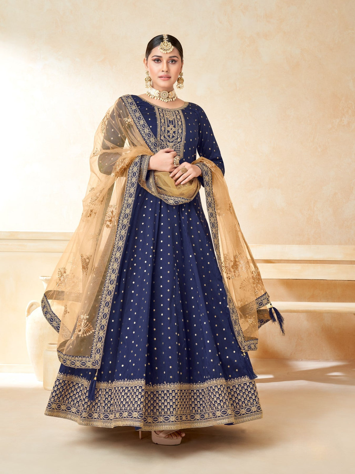 Anaita Navy Blue Embroidered Tapeta Silk Anarkali Suit | Grocsy