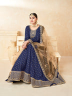 Anaita Navy Blue Embroidered Tapeta Silk Anarkali Suit | Grocsy