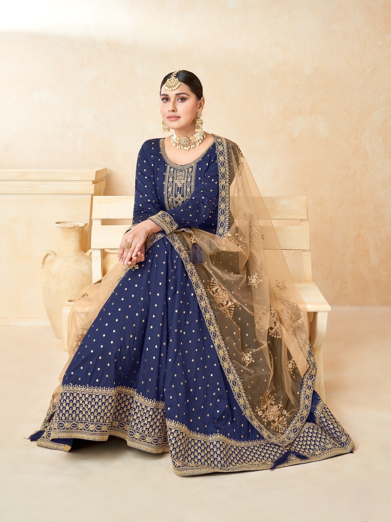 Anaita Navy Blue Embroidered Tapeta Silk Anarkali Suit | Grocsy