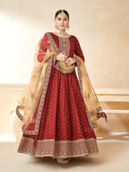Anaita Maroon Embroidered Tapeta Silk Anarkali Suit | Grocsy
