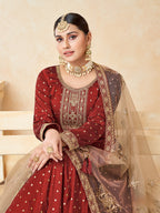 Anaita Maroon Embroidered Tapeta Silk Anarkali Suit | Grocsy