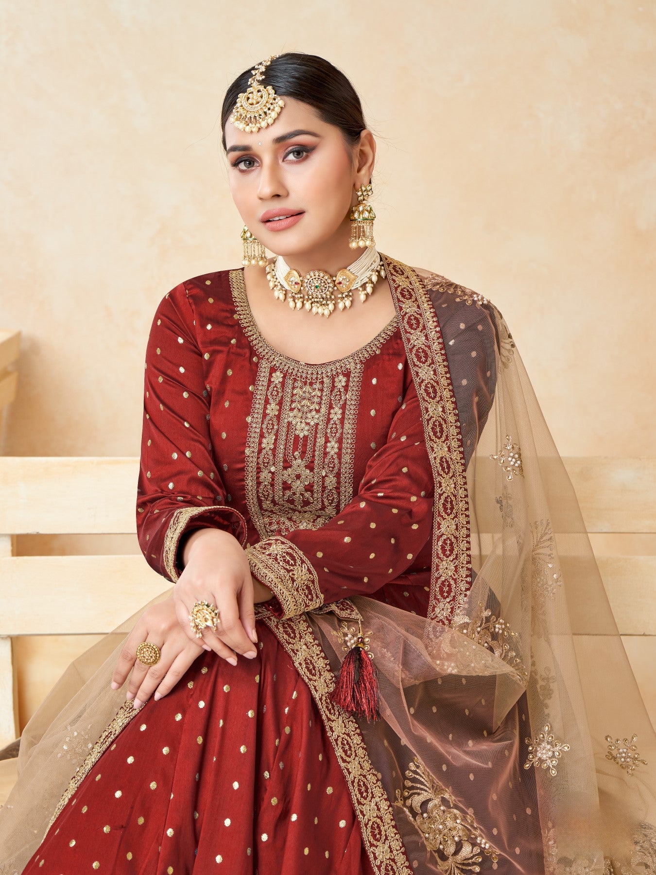 Anaita Maroon Embroidered Tapeta Silk Anarkali Suit | Grocsy
