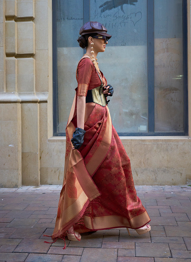 Monjolika Fashion Monjolika Fashion'S Rust Colour Organza Sarees With Blouse | Grocsy