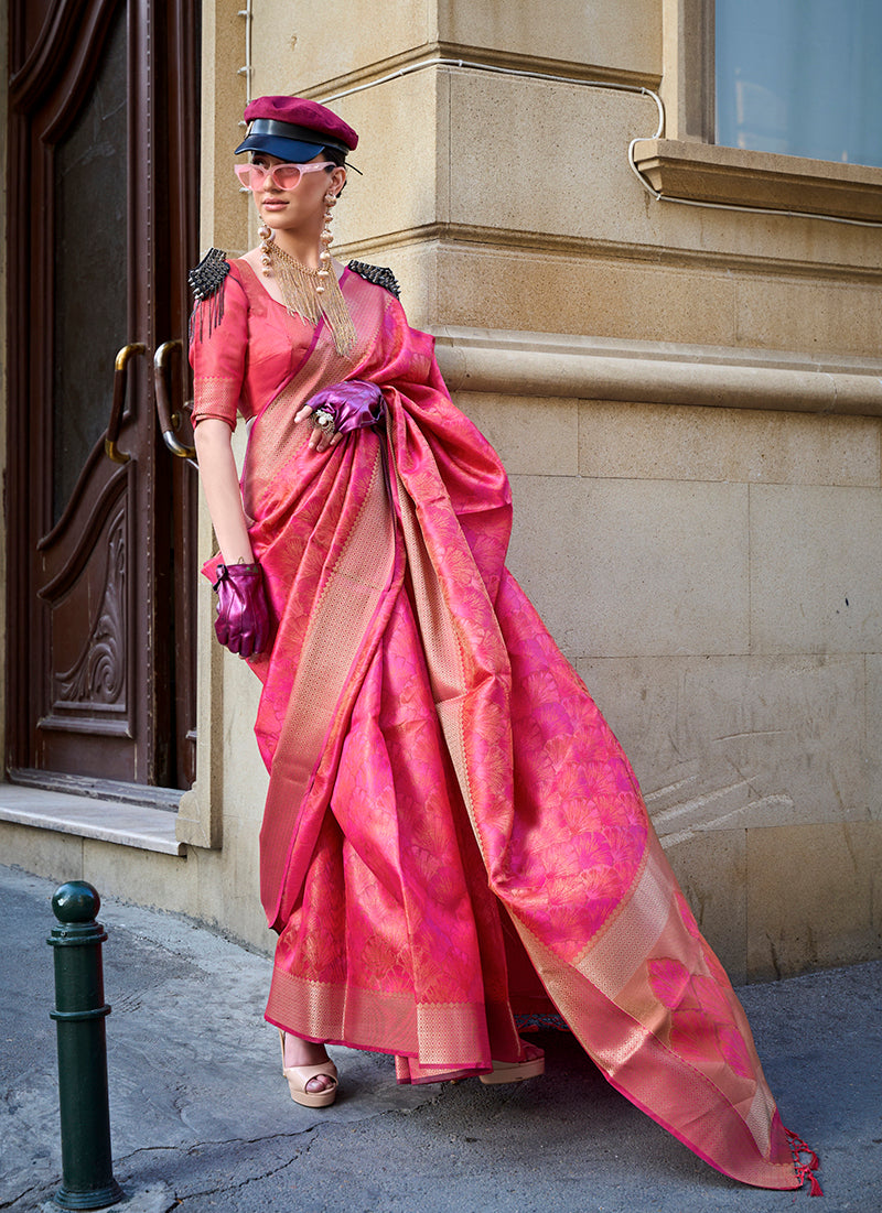 Monjolika Fashion Monjolika Fashion'S Pink Colour Organza Sarees With Blouse | Grocsy