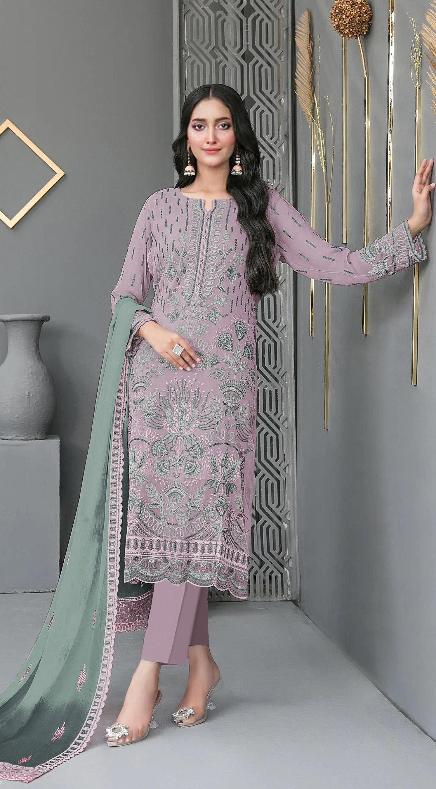 Anaita Lavender Fox Georgette Suit With Embroidered Sequence Work | Grocsy