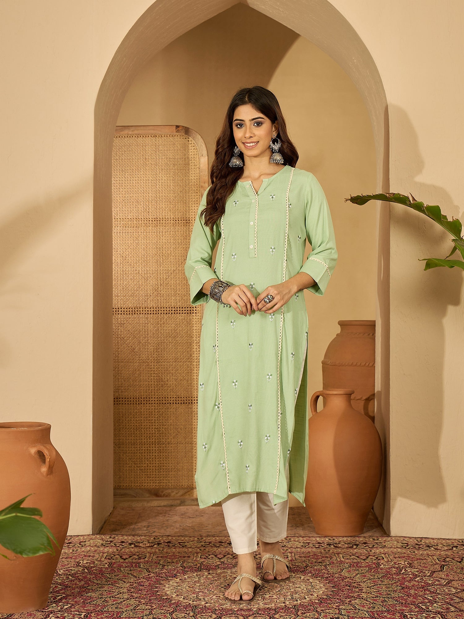 Joban Fashion Pista Green Viscose Rayon Embroidery Readymade Tunic | Grocsy