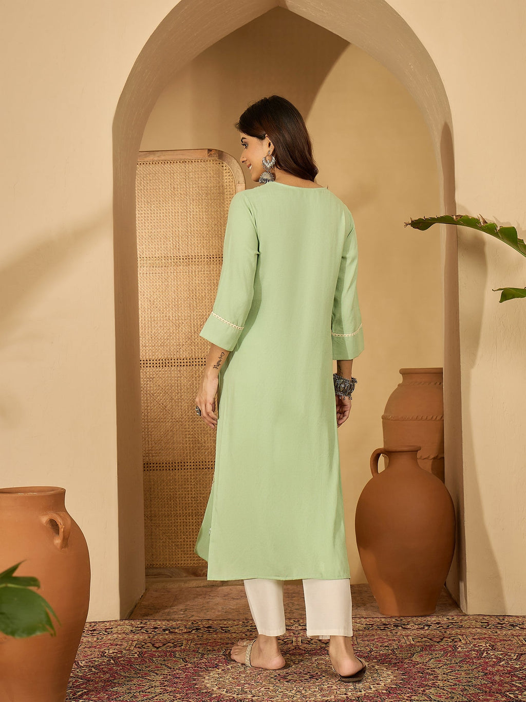 Joban Fashion Pista Green Viscose Rayon Embroidery Readymade Tunic | Grocsy