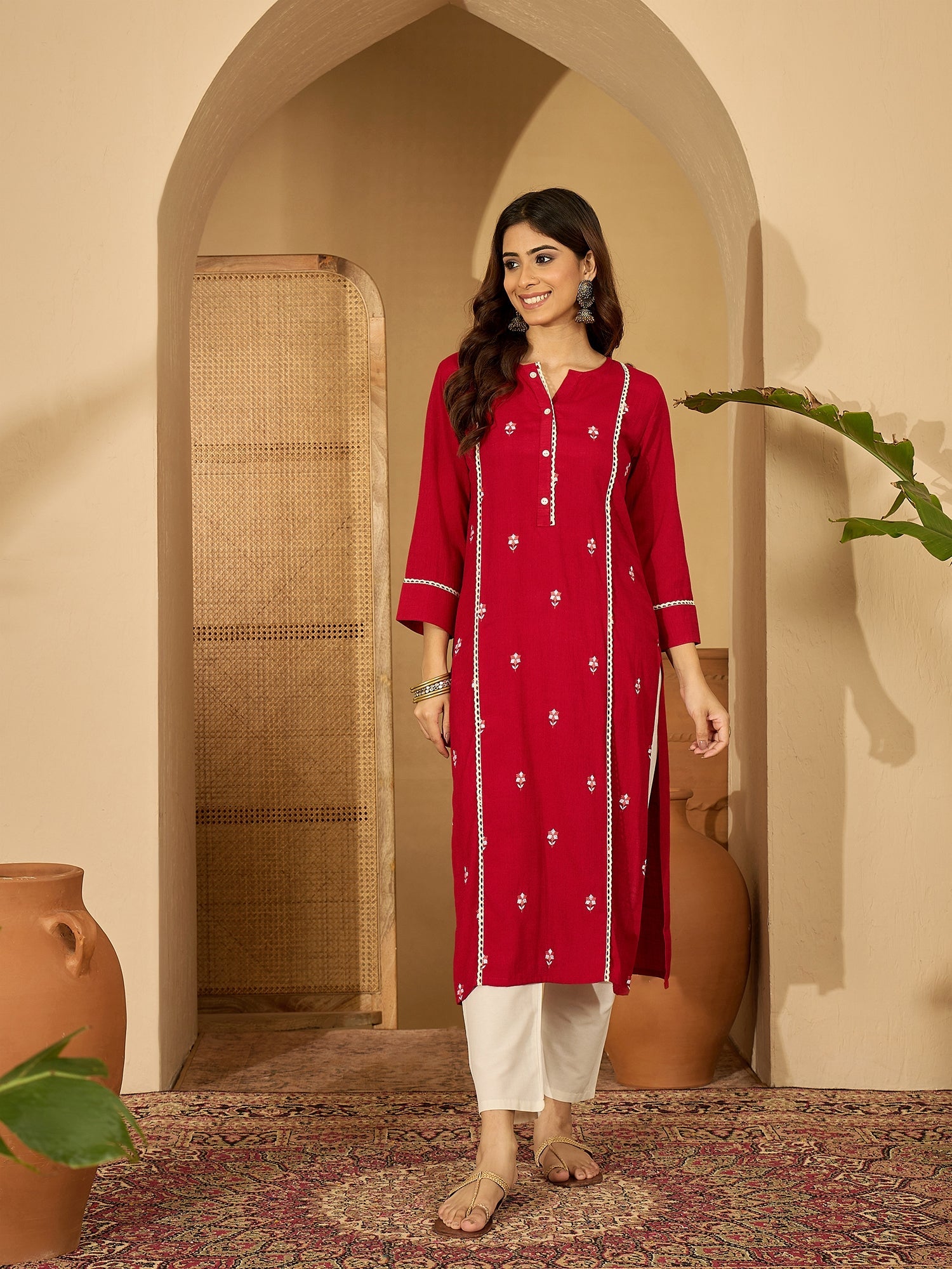 Joban Fashion Red Viscose Rayon Embroidery Readymade Tunic | Grocsy
