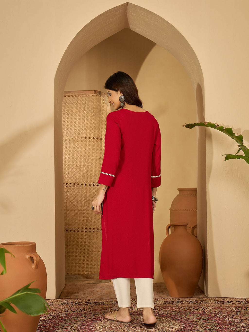 Joban Fashion Red Viscose Rayon Embroidery Readymade Tunic | Grocsy