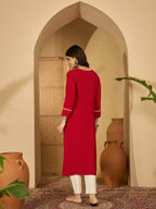 Joban Fashion Red Viscose Rayon Embroidery Readymade Tunic | Grocsy
