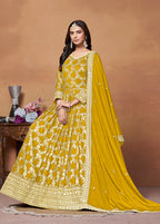 Monjolika Fashion Mustard Color Embroidered Santoon Silk Salwar Suit | Grocsy