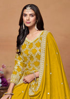 Monjolika Fashion Mustard Color Embroidered Santoon Silk Salwar Suit | Grocsy