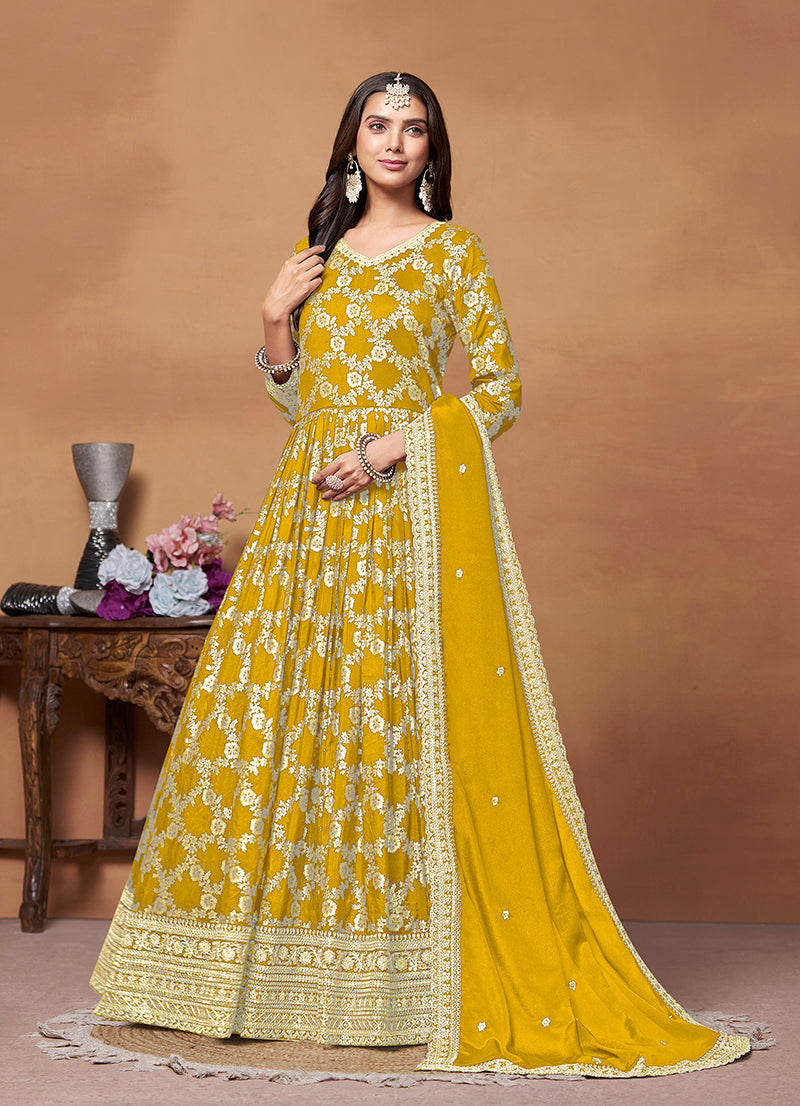 Monjolika Fashion Mustard Color Embroidered Santoon Silk Salwar Suit | Grocsy