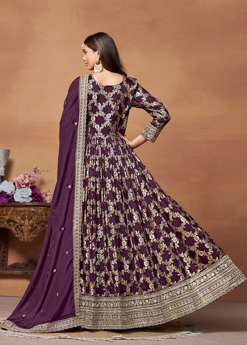 Monjolika Fashion Dark-Purple Color Embroidered Santoon Silk Salwar Suit | Grocsy