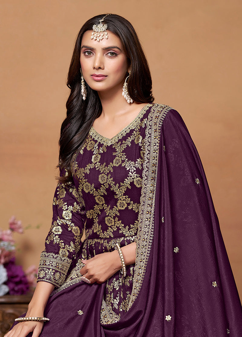Monjolika Fashion Dark-Purple Color Embroidered Santoon Silk Salwar Suit | Grocsy