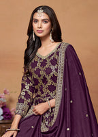 Monjolika Fashion Dark-Purple Color Embroidered Santoon Silk Salwar Suit | Grocsy