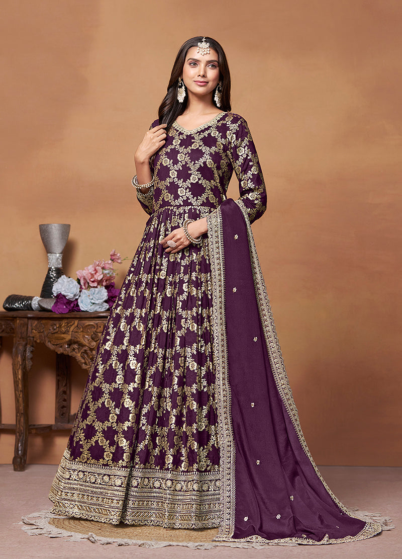 Monjolika Fashion Dark-Purple Color Embroidered Santoon Silk Salwar Suit | Grocsy