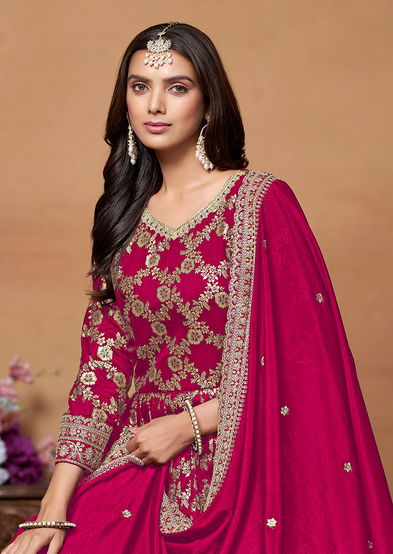 Monjolika Fashion Crimson Color Embroidered Santoon Silk Salwar Suit | Grocsy