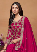 Monjolika Fashion Crimson Color Embroidered Santoon Silk Salwar Suit | Grocsy