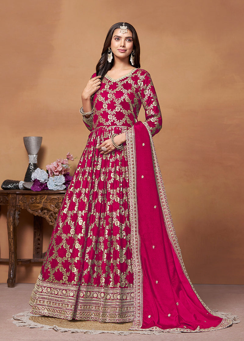 Monjolika Fashion Crimson Color Embroidered Santoon Silk Salwar Suit | Grocsy
