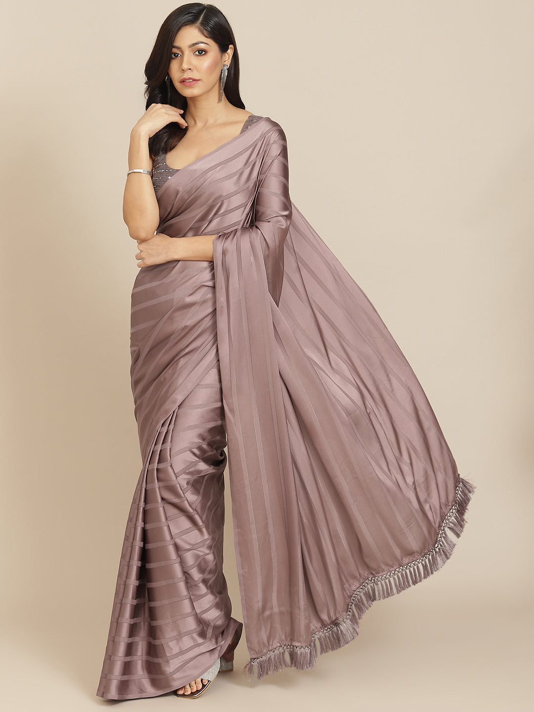 Tikhi Imli Gunmetal-Toned Striped Saree | Grocsy