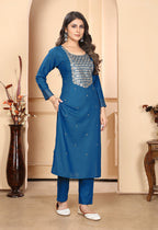 Monjolika Fashion Dark Blue Colour Rayon Embroidered Designer Long Kurti | Grocsy