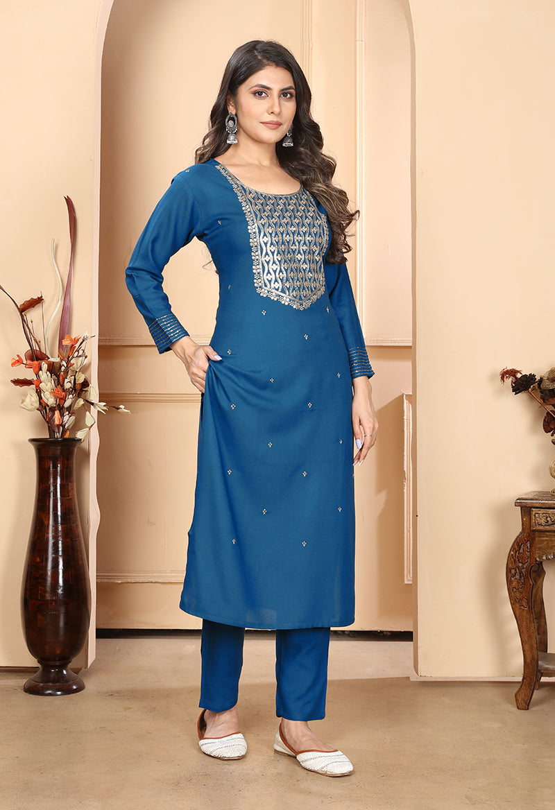 Monjolika Fashion Dark Blue Colour Rayon Embroidered Designer Long Kurti | Grocsy