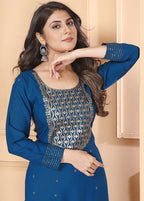 Monjolika Fashion Dark Blue Colour Rayon Embroidered Designer Long Kurti | Grocsy