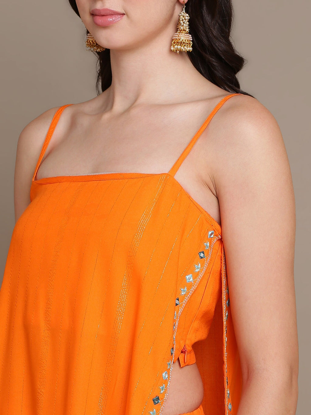 HERE&NOW Striped Mirror Work High Slit Kurta with Palazzos | Grocsy