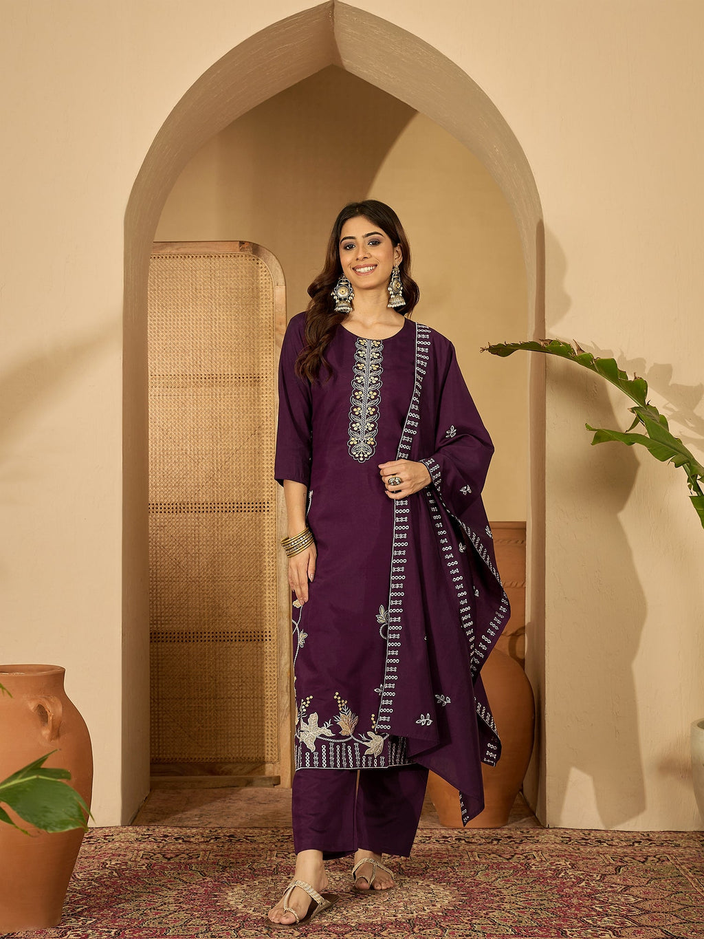 Joban Fashion Purple Silk Embroidery Readymade Kurta Set | Grocsy