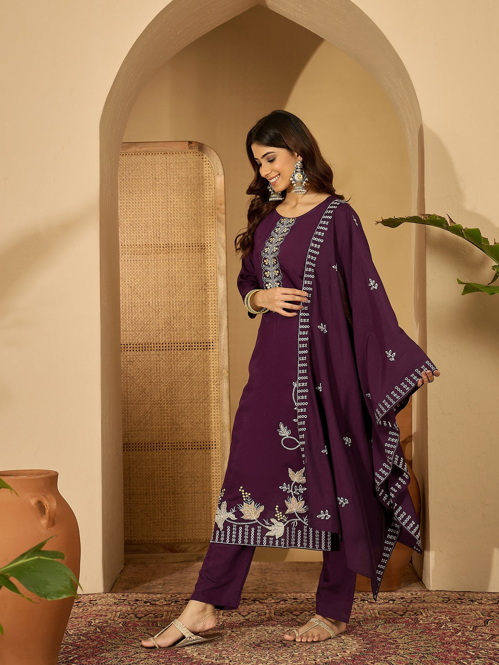 Joban Fashion Purple Silk Embroidery Readymade Kurta Set | Grocsy