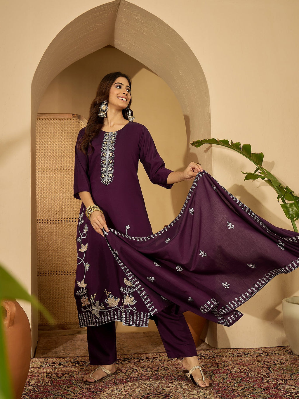 Joban Fashion Purple Silk Embroidery Readymade Kurta Set | Grocsy