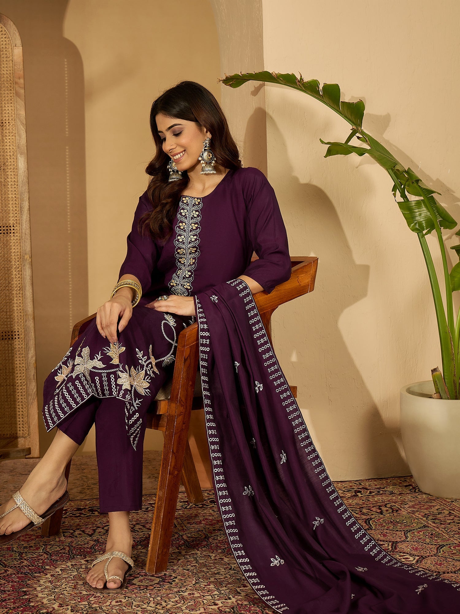 Joban Fashion Purple Silk Embroidery Readymade Kurta Set | Grocsy