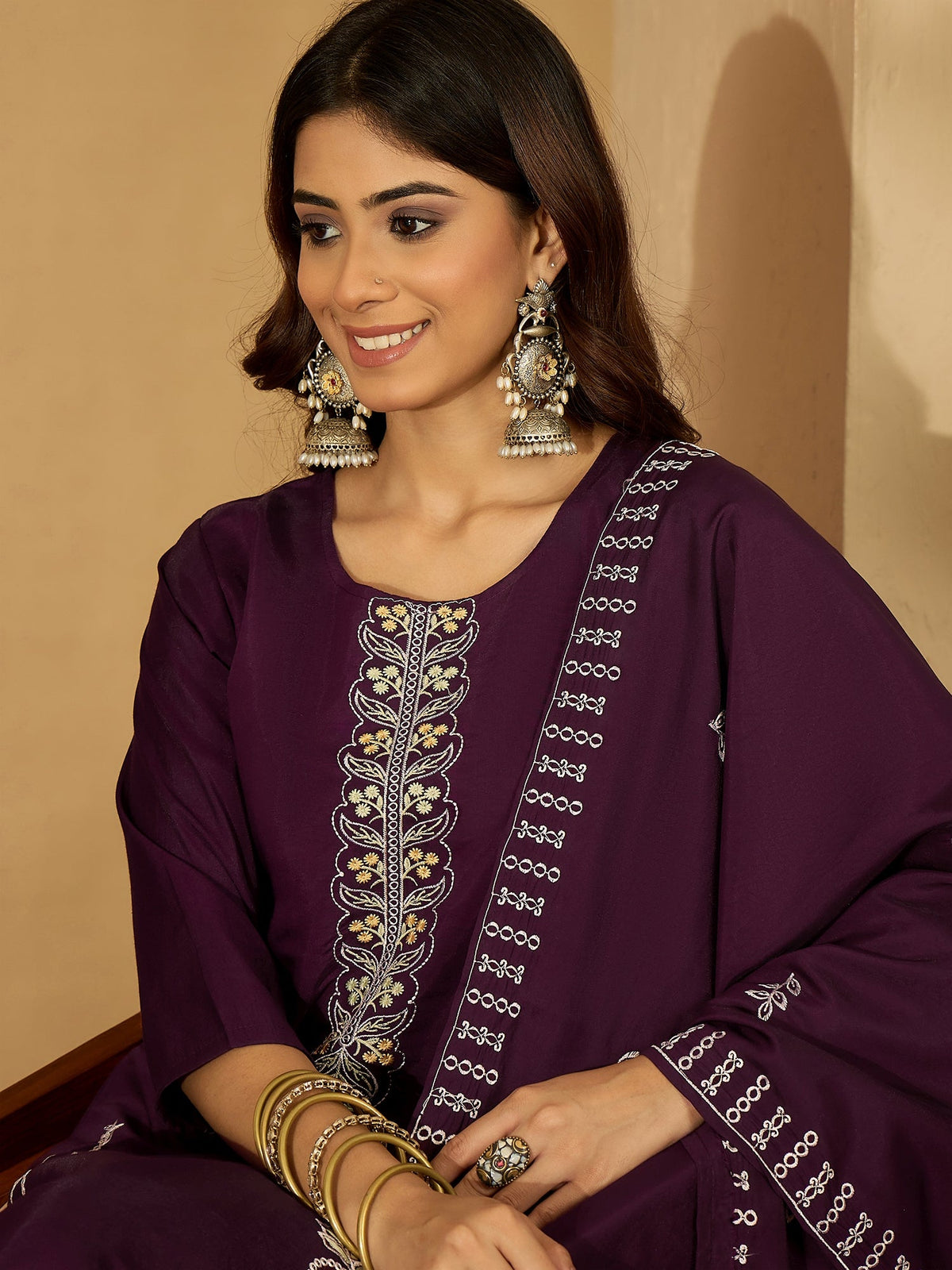 Joban Fashion Purple Silk Embroidery Readymade Kurta Set | Grocsy