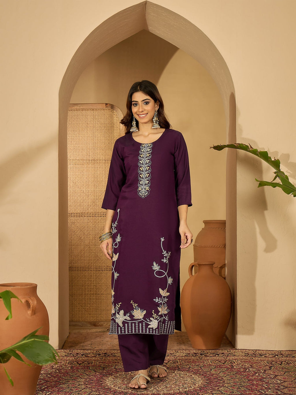 Joban Fashion Purple Silk Embroidery Readymade Kurta Set | Grocsy