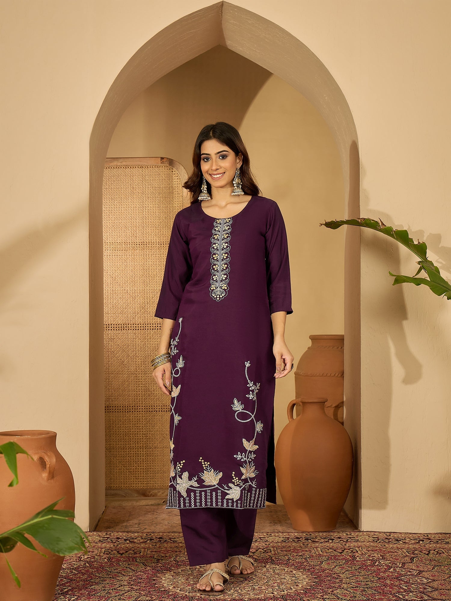 Joban Fashion Purple Silk Embroidery Readymade Kurta Set | Grocsy