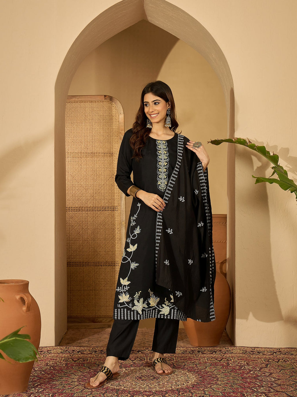 Joban Fashion Black Silk Embroidery Readymade Kurta Set | Grocsy