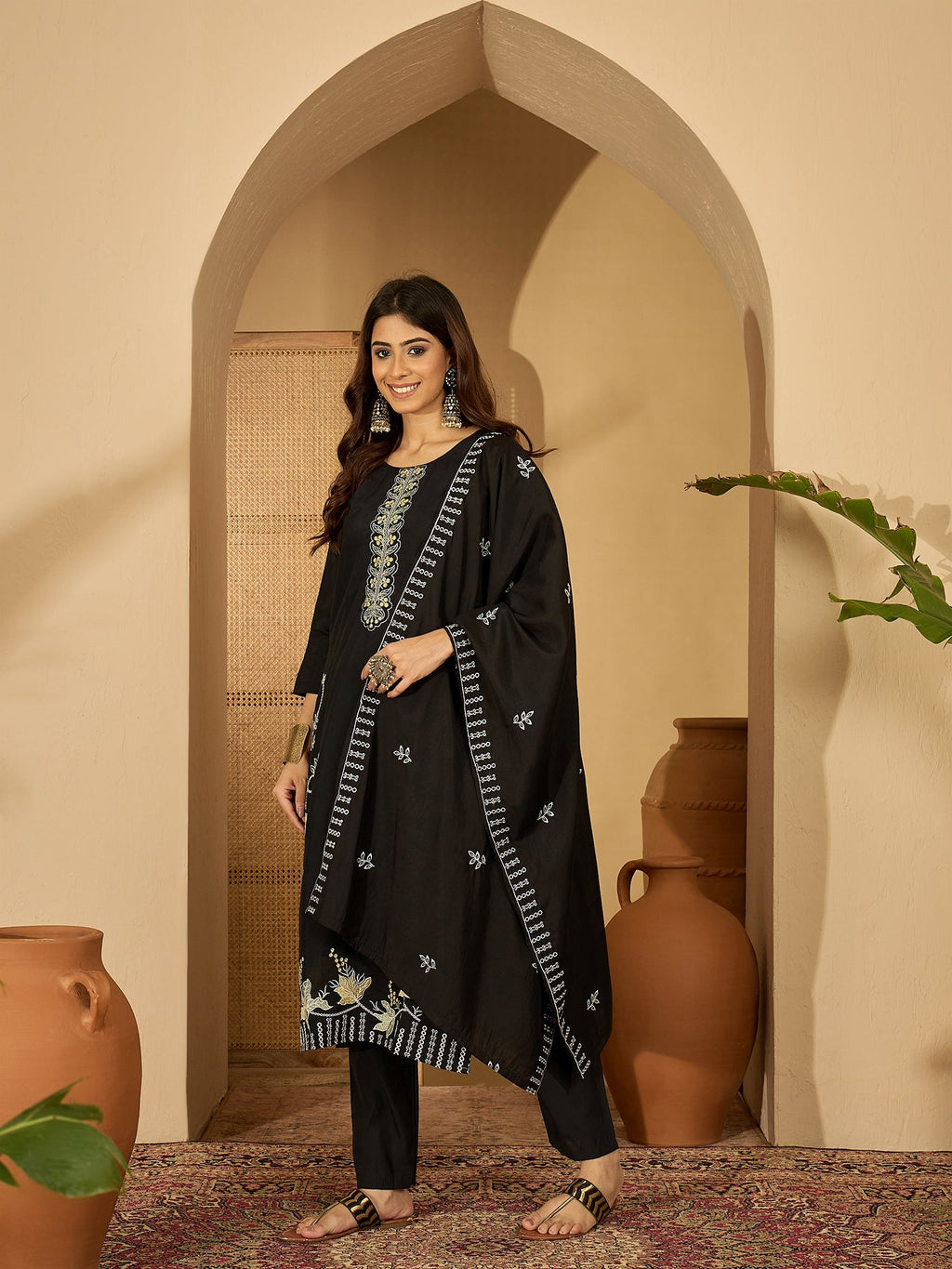 Joban Fashion Black Silk Embroidery Readymade Kurta Set | Grocsy