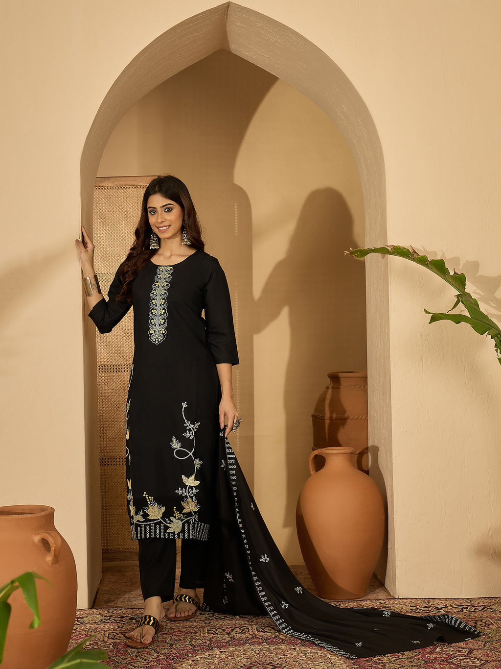 Joban Fashion Black Silk Embroidery Readymade Kurta Set | Grocsy