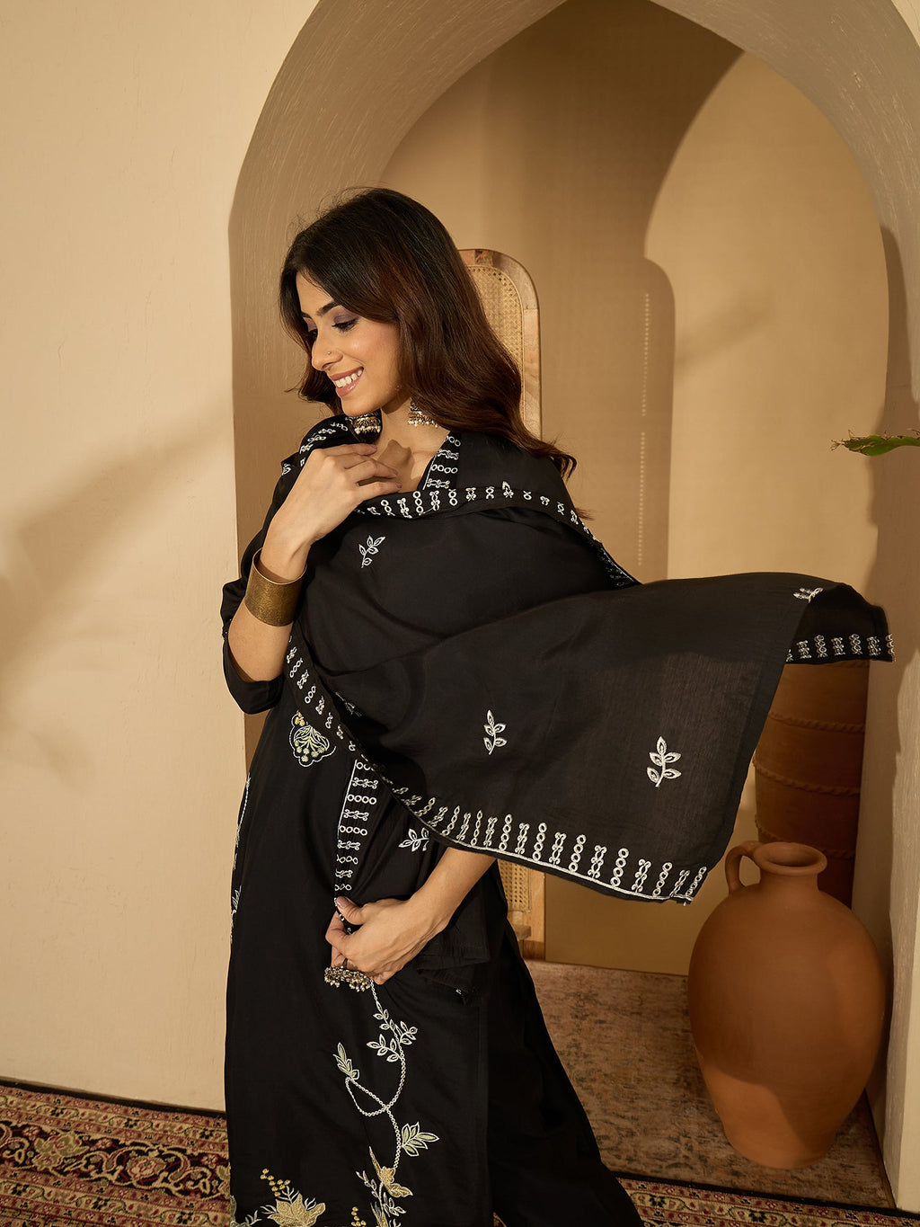 Joban Fashion Black Silk Embroidery Readymade Kurta Set | Grocsy