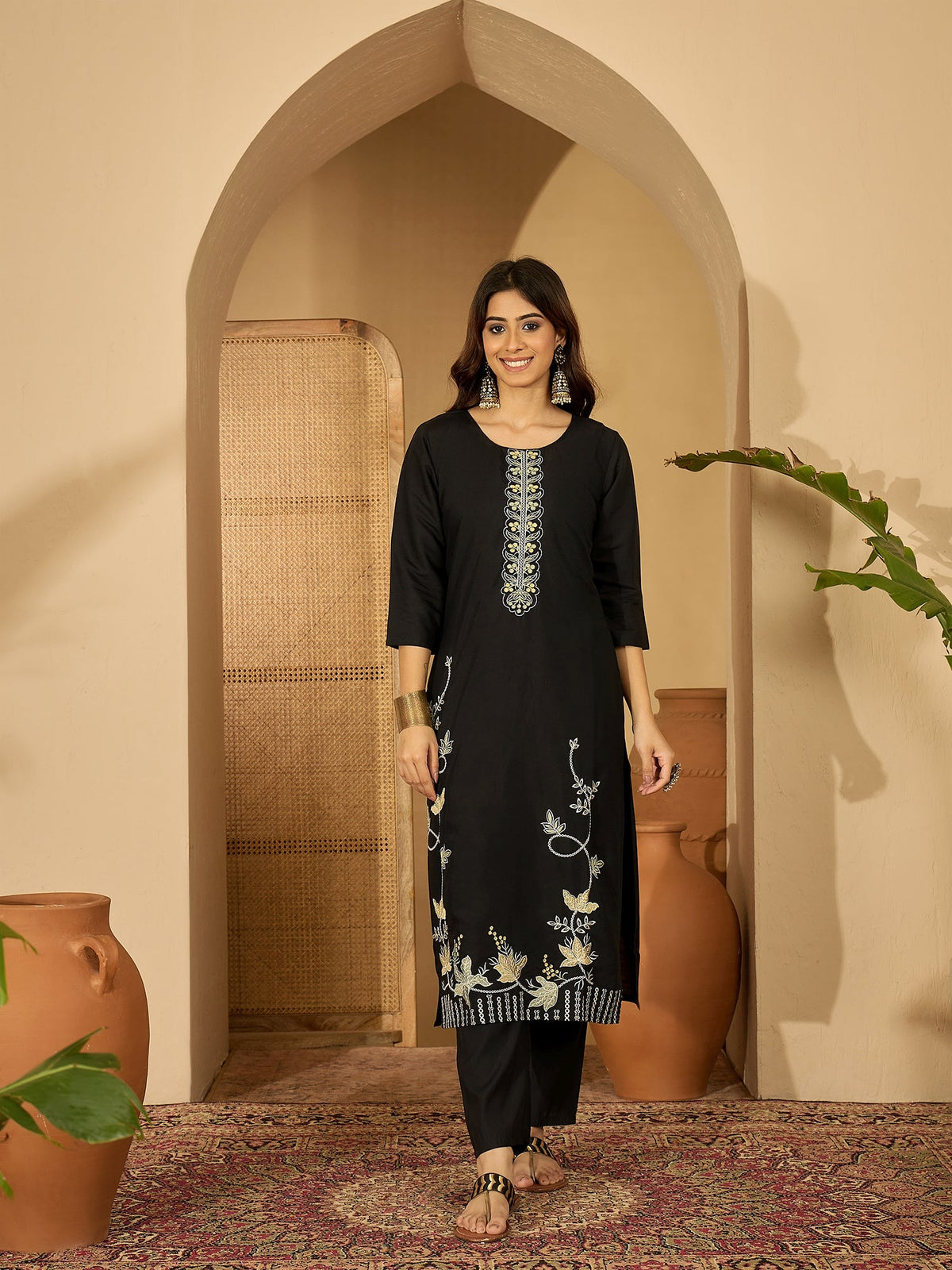 Joban Fashion Black Silk Embroidery Readymade Kurta Set | Grocsy