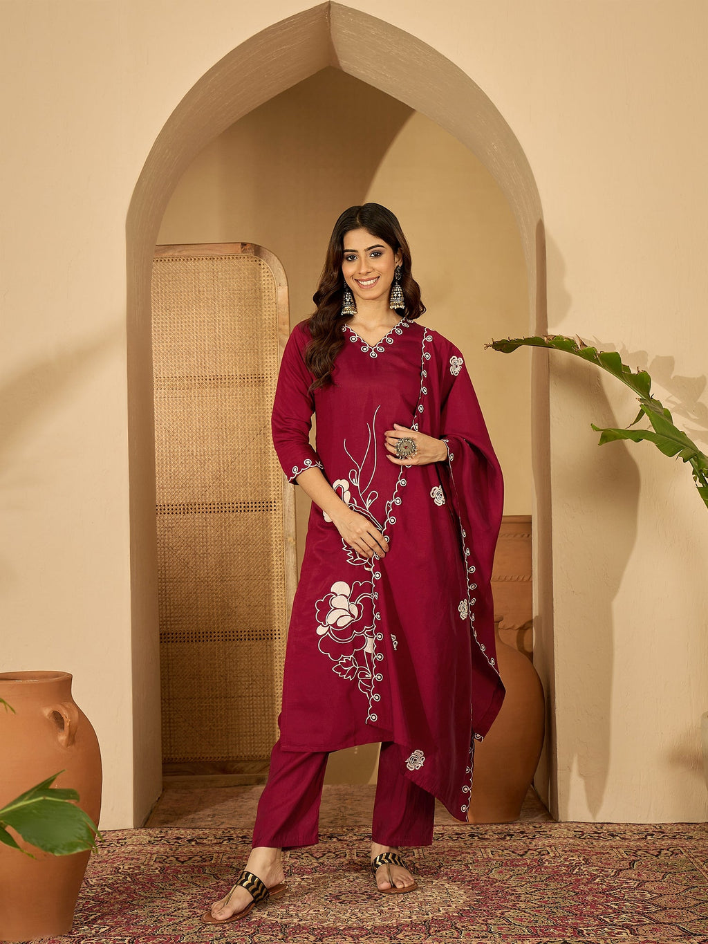 Joban Fashion Maroon Silk Embroidery Readymade Kurta Set | Grocsy