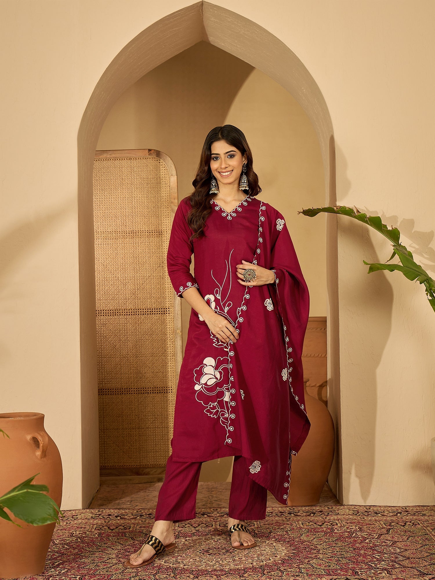 Joban Fashion Maroon Silk Embroidery Readymade Kurta Set | Grocsy