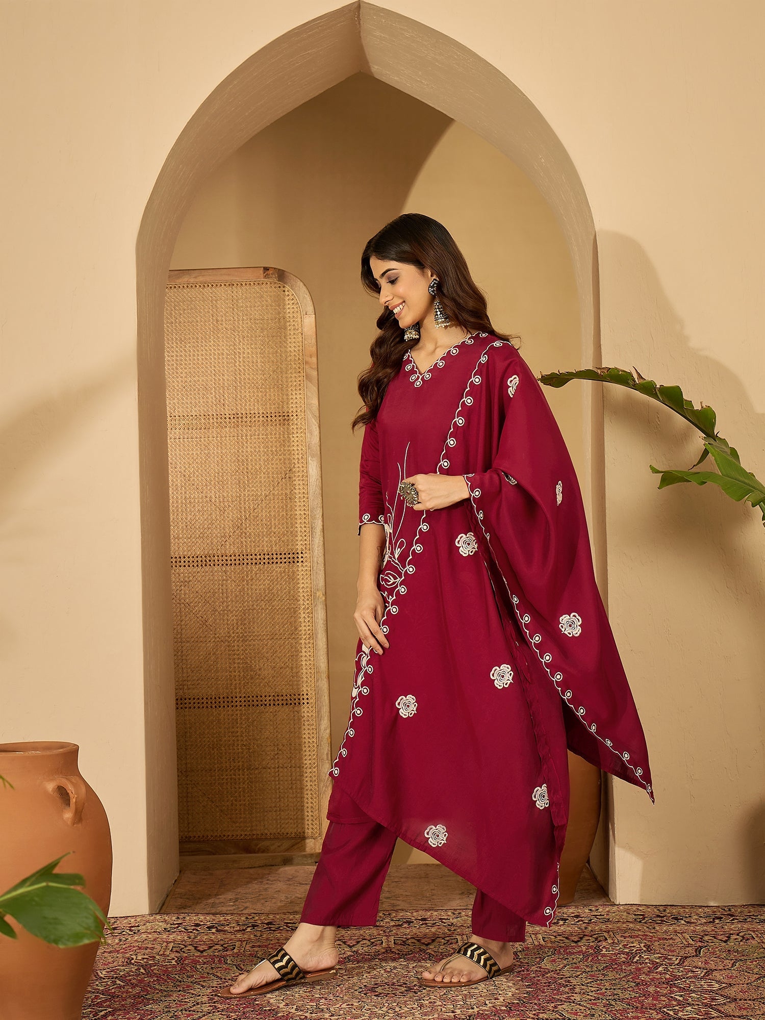 Joban Fashion Maroon Silk Embroidery Readymade Kurta Set | Grocsy