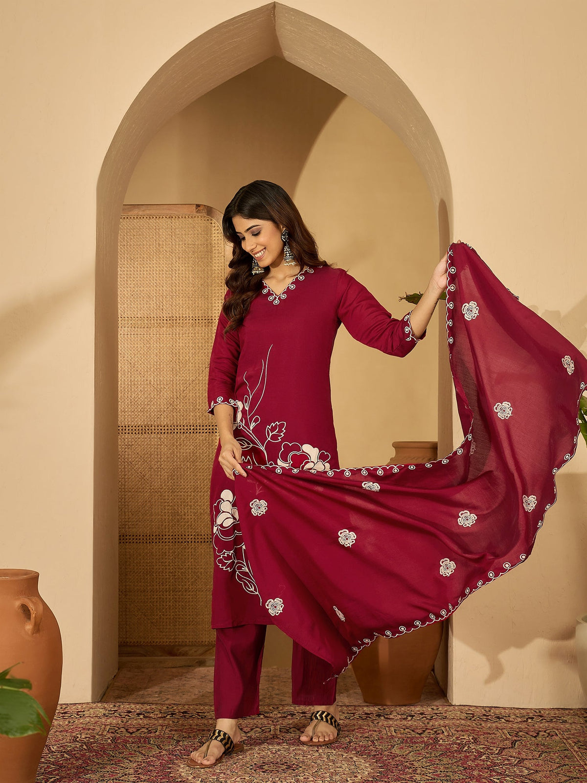Joban Fashion Maroon Silk Embroidery Readymade Kurta Set | Grocsy