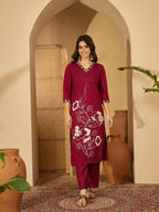 Joban Fashion Maroon Silk Embroidery Readymade Kurta Set | Grocsy