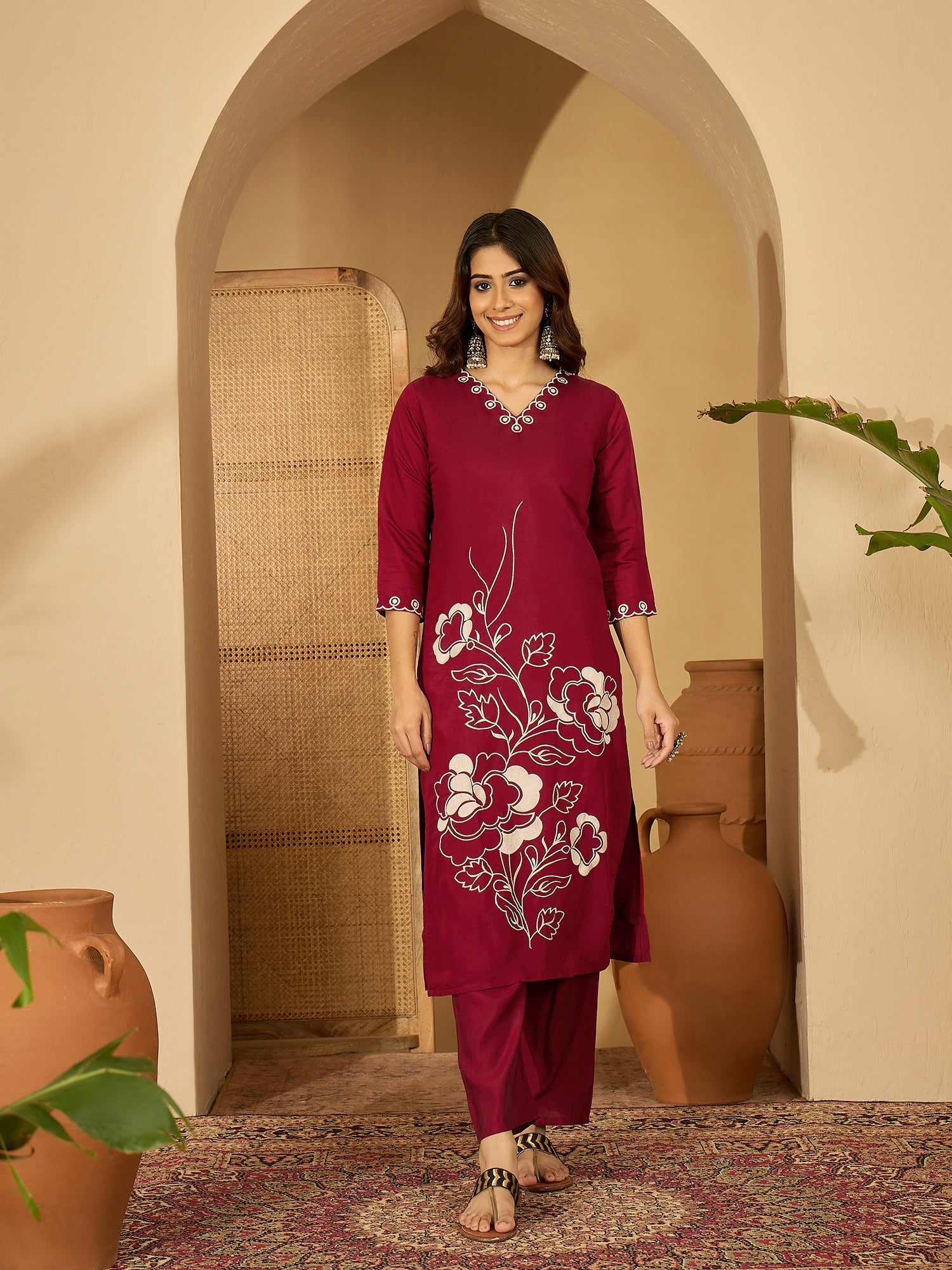 Joban Fashion Maroon Silk Embroidery Readymade Kurta Set | Grocsy
